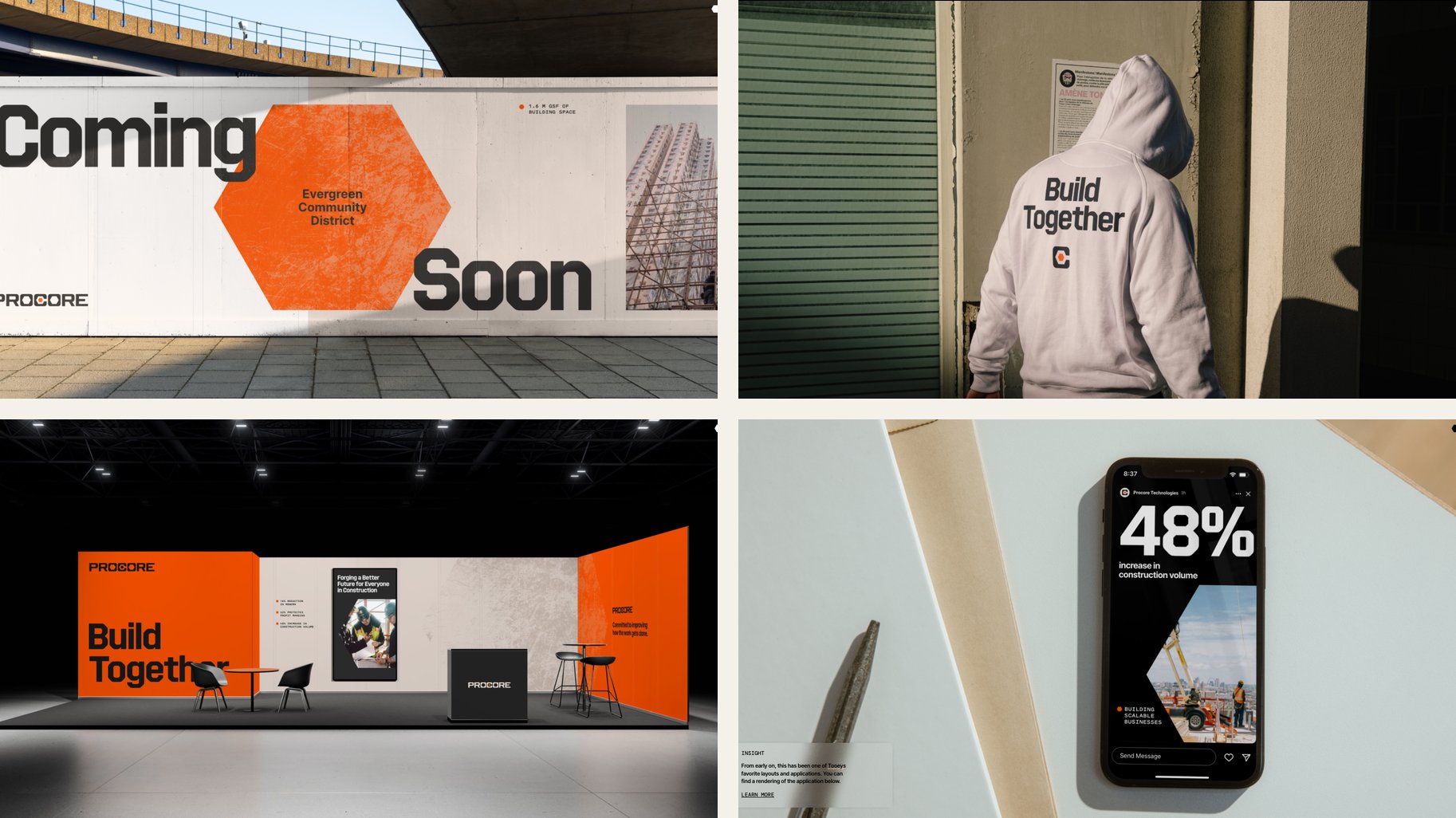 Four applied pieces: a Coming Soon site hoarding for the Evergreen Community District, a Build Together hoodie, a trade-show stand render, and an Instagram story on a phone reading '48% increase in construction volume'.