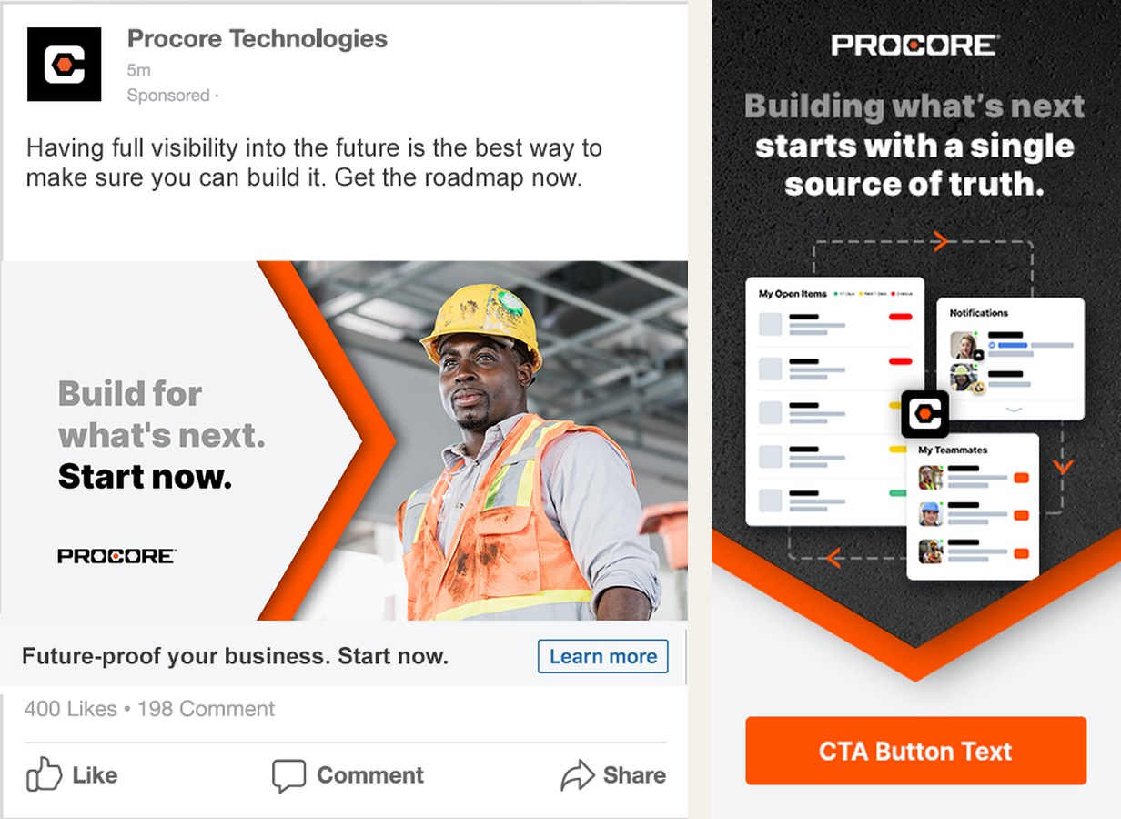 A Procore sponsored social post reading 'Build for what's next. Start now.' beside a vertical display banner reading 'Building what's next starts with a single source of truth.'