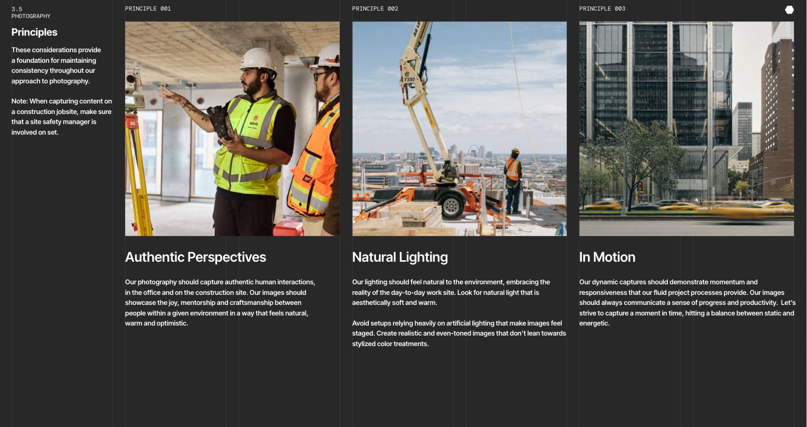 Photography principles page: three images illustrating Authentic Perspectives, Natural Lighting and In Motion.