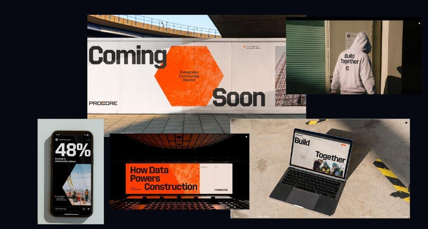 Applied Build Together identity: city hoarding 'Coming Soon', 'Build Together' hoodie, mobile social post, theater stage, and laptop microsite.