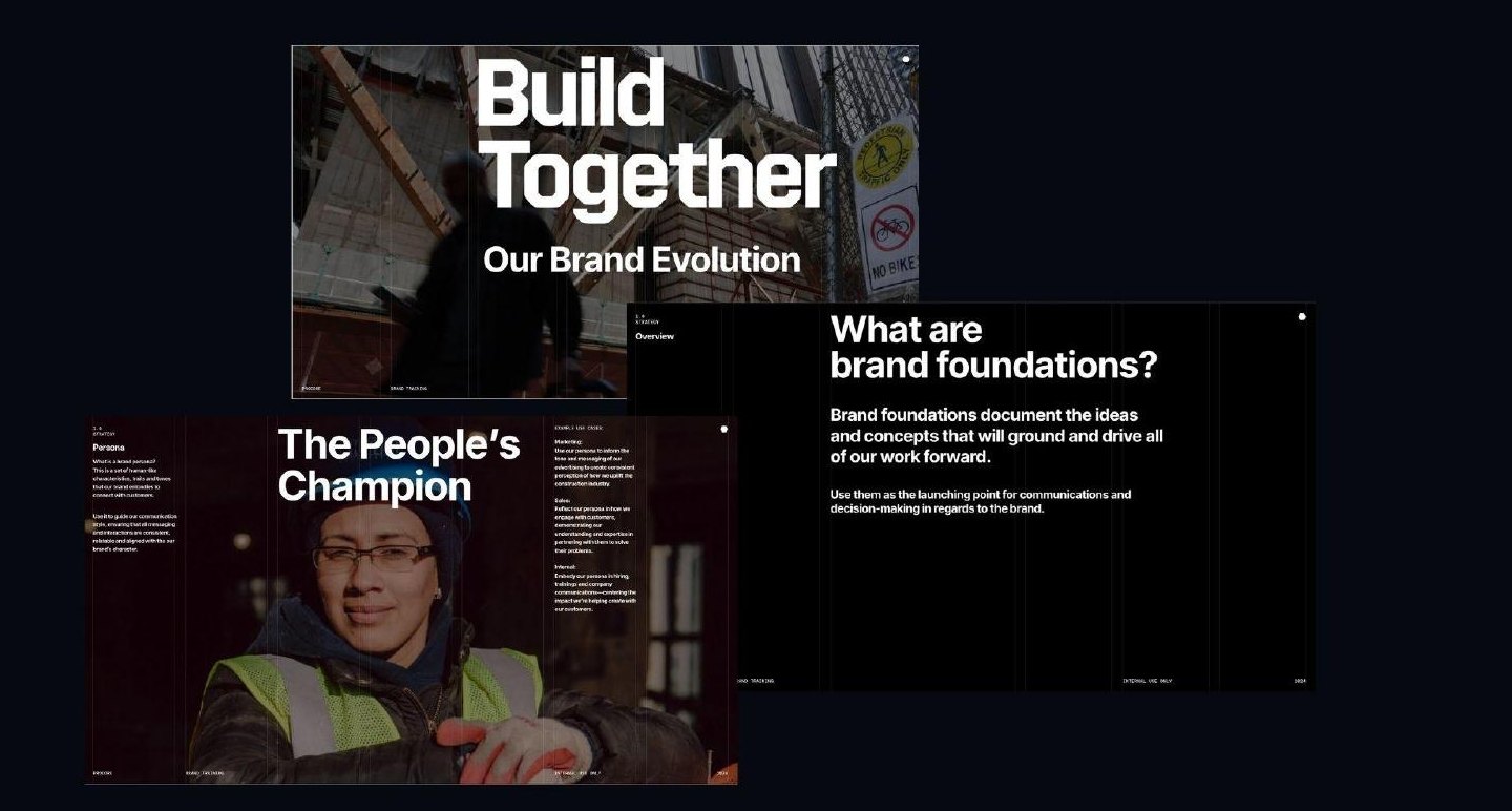 'Build Together — Our Brand Evolution' cover, alongside a spread defining brand foundations.