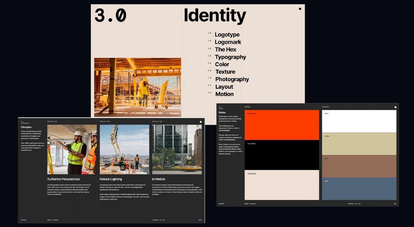 Identity system overview: logotype, hex mark, typography, color palette, photography principles, and motion.