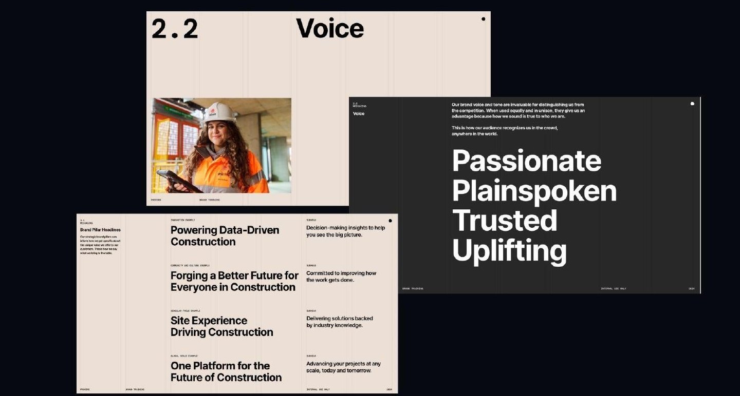 Brand voice spread: Passionate, Plainspoken, Trusted, Uplifting — set in oversized bold typography on a black background.