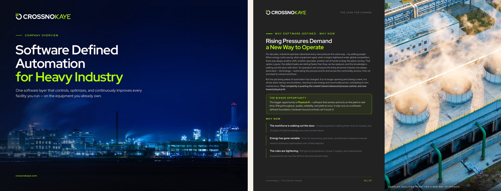 CrossnoKaye company overview brochure: cover reading 'Software Defined Automation for Heavy Industry' over a night-lit industrial plant, beside an interior spread titled 'Rising Pressures Demand a New Way to Operate'.