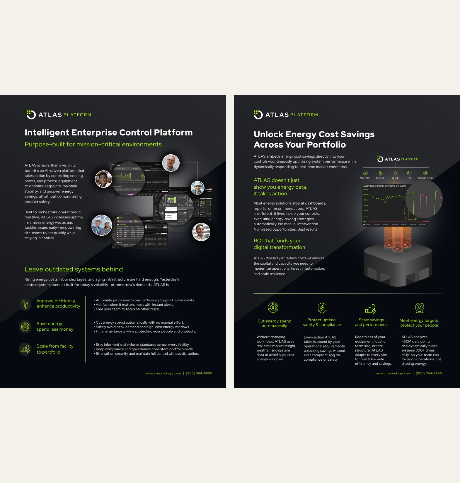 Two CrossnoKaye sales sheets side by side: the ATLAS Platform overview and the Energy AI explainer, both dark with neon green accents.