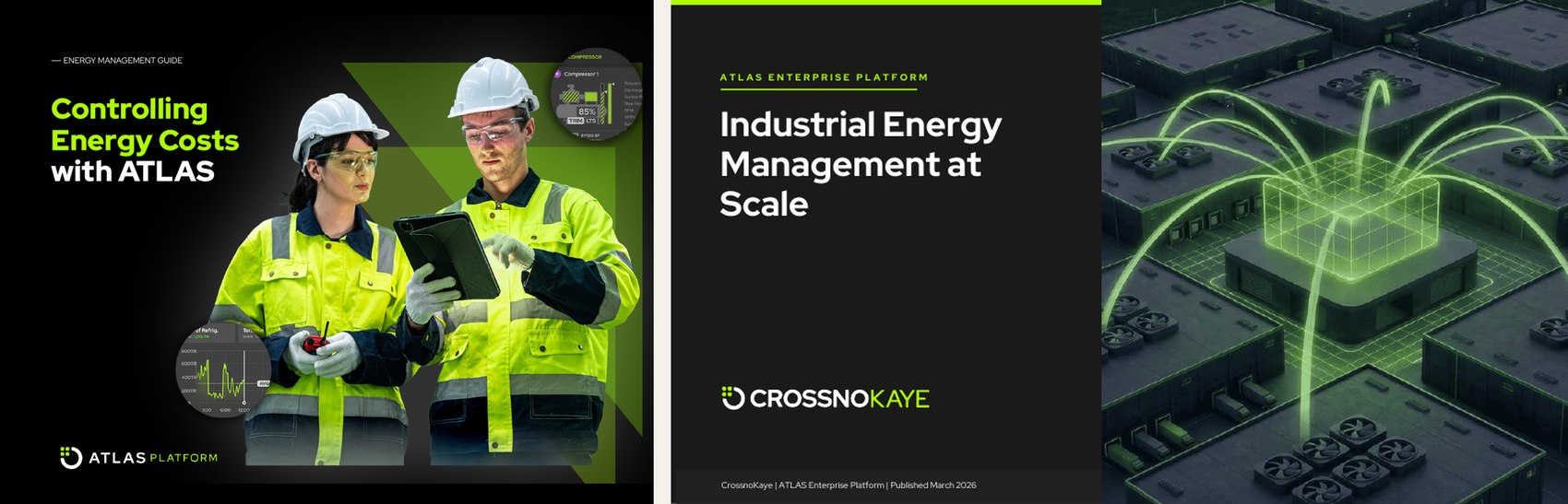Two ATLAS guide covers: 'Controlling Energy Costs with ATLAS' showing two plant workers with a tablet, and 'Industrial Energy Management at Scale' showing a green wireframe visualization over rooftop units.