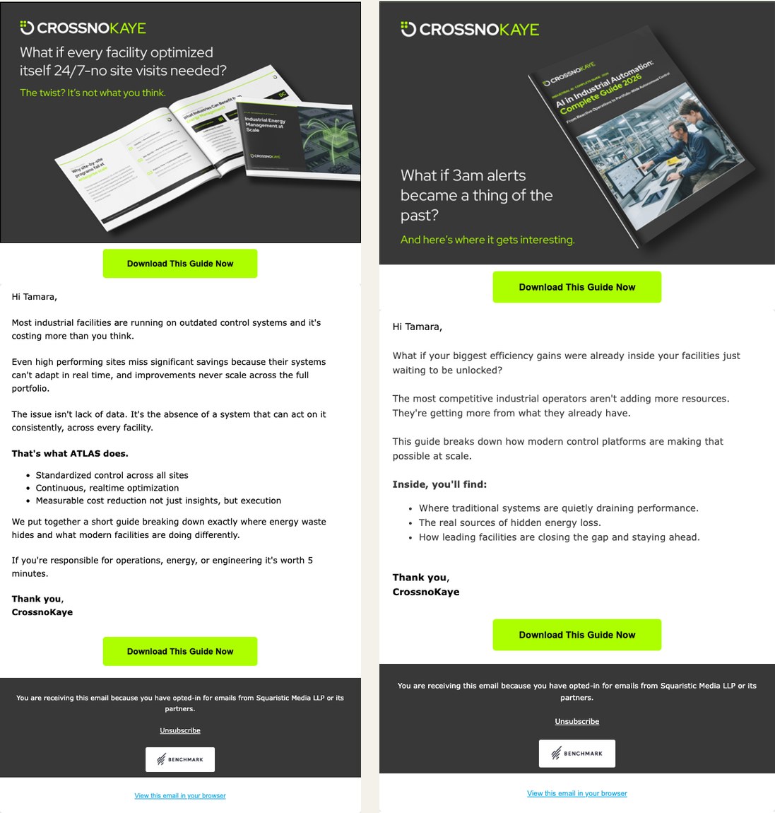 Two CrossnoKaye nurture emails side by side, each opening with a guide cover image and a 'Download This Guide Now' call to action.