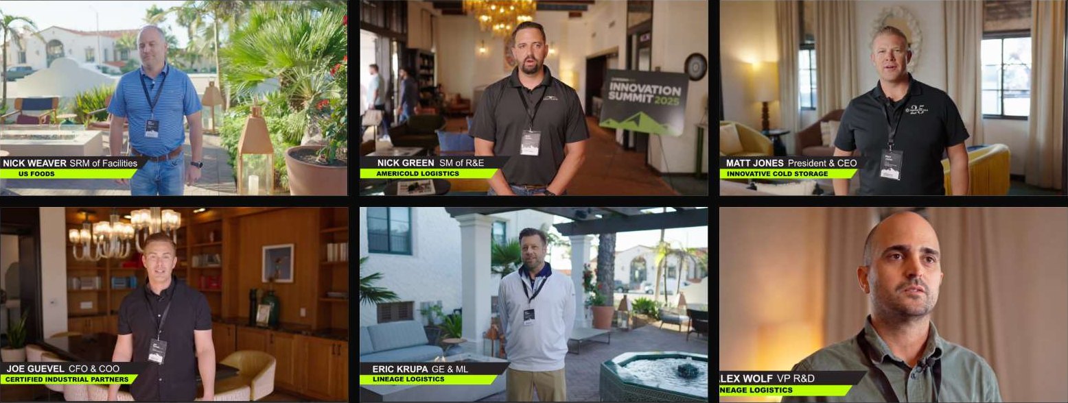 Six CrossnoKaye customer story films in a grid — named operators from US Foods, Americold Logistics, Innovative Cold Storage, Certified Industrial Partners, and Lineage Logistics, each captioned with their name and title.