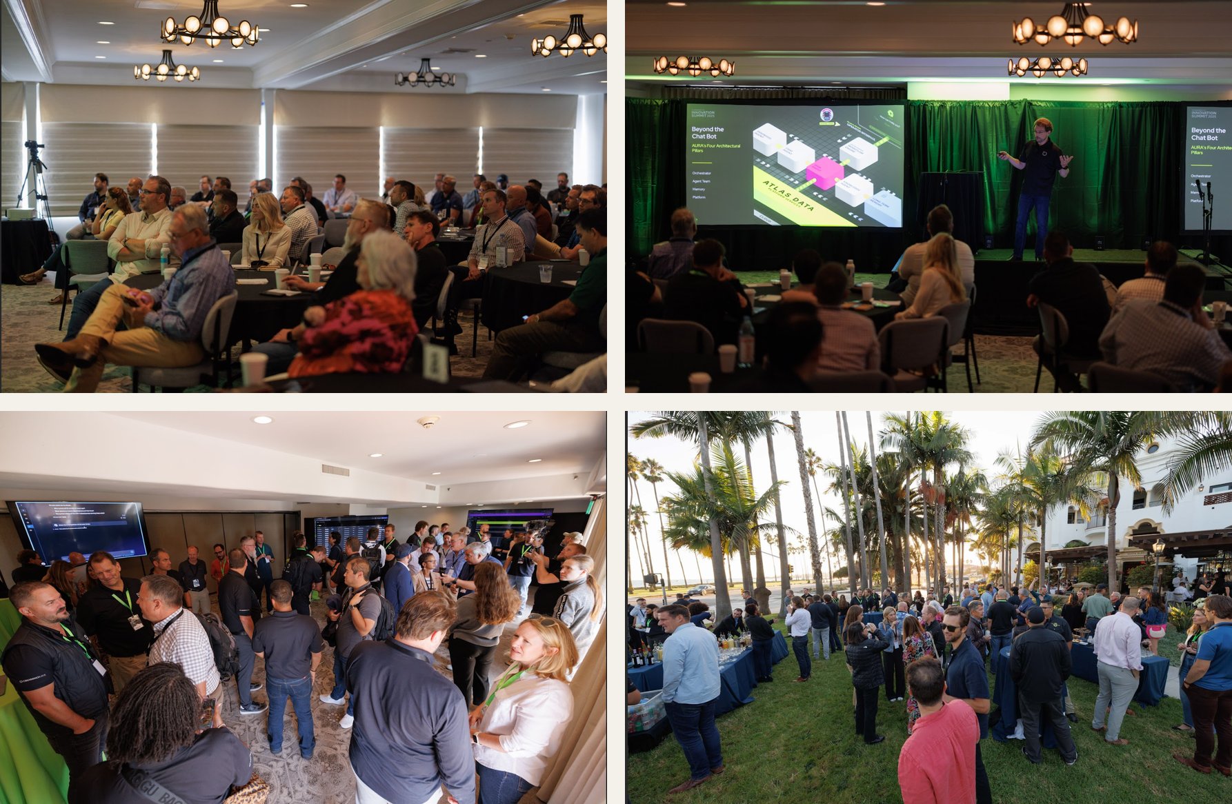 Four photographs from the CrossnoKaye Innovation Summit 2025: a full ballroom audience, a keynote presenting the AURA architecture on stage, a crowd around live product demos, and an evening reception under palm trees.