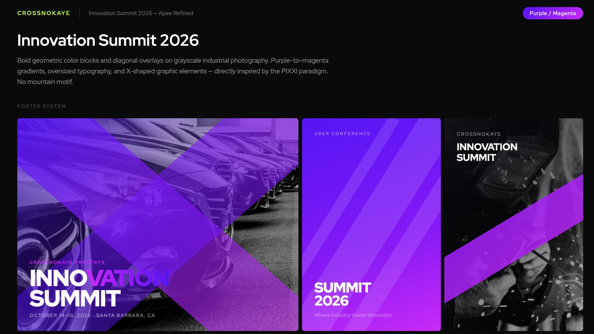 Innovation Summit brand system: a poster system using purple-to-magenta gradients, X-shaped graphic elements, and oversized type over grayscale industrial photography.