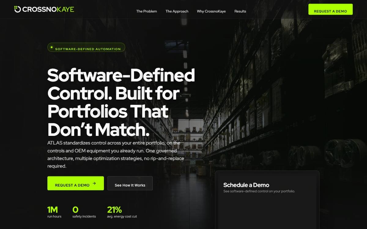CrossnoKaye paid-acquisition landing page: "Software-Defined Control. Built for Portfolios That Don't Match." over a dark warehouse photograph, with a demo form.
