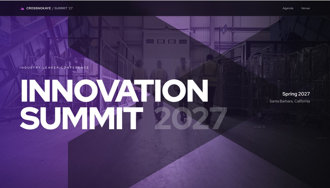 CrossnoKaye Innovation Summit website hero — oversized type reading 'Innovation Summit 2027' over purple-toned industrial photography.