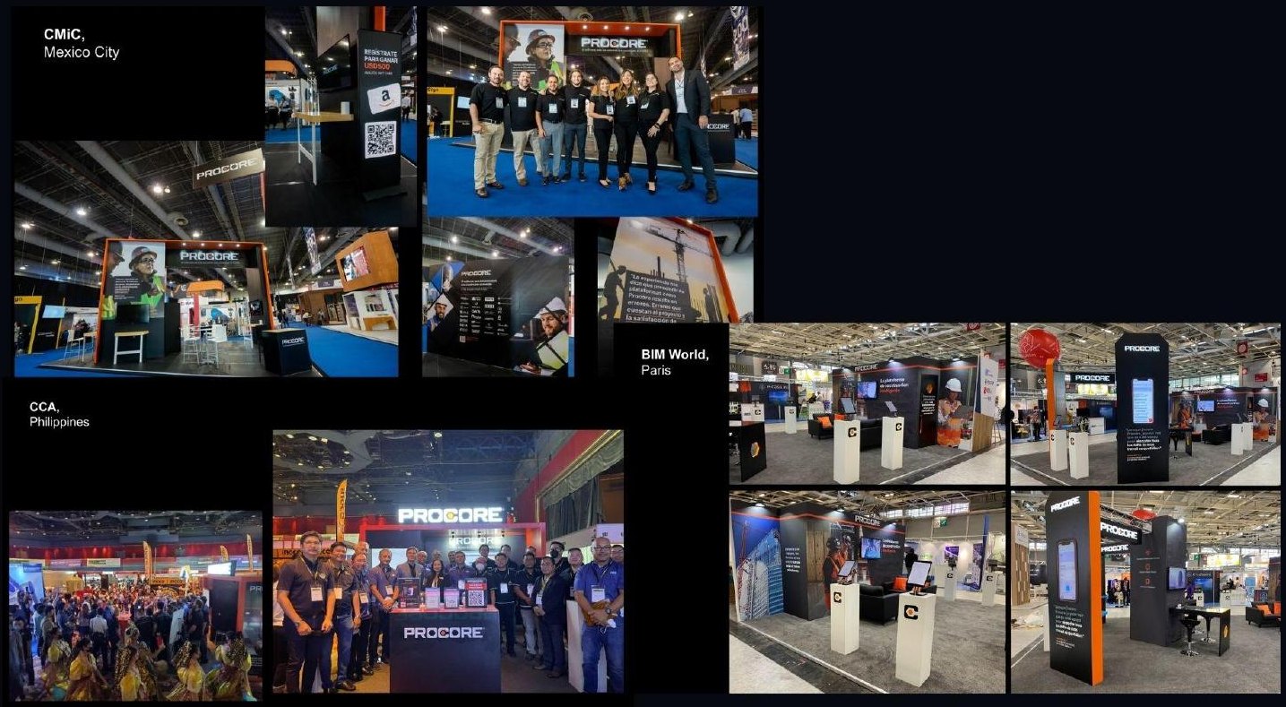 Procore global event presence: branded booths and team photos at CMiC in Mexico City, CCA in the Philippines, and BIM World in Paris.