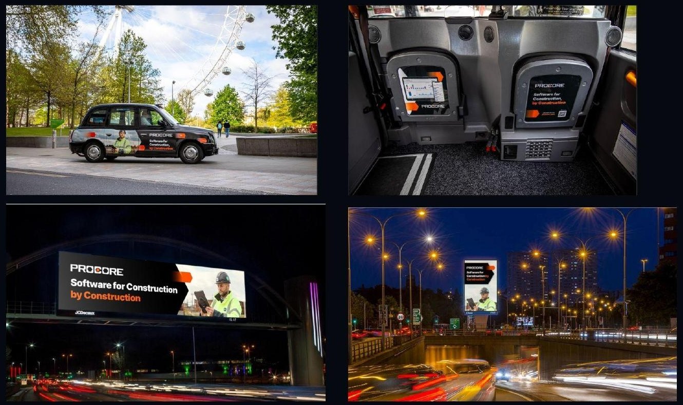 Procore London out-of-home campaign: branded taxi wrap by the London Eye, in-cab tablet ads, and large-format digital billboards across the city.