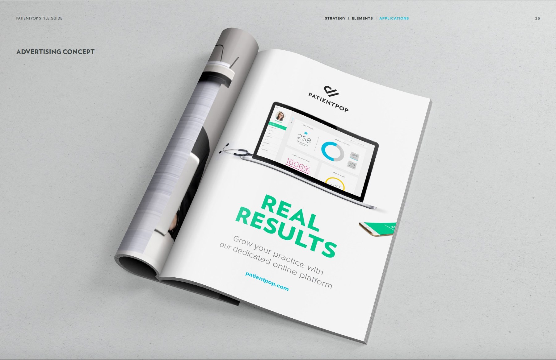 Magazine advertising concept: 'Real Results' tagline beside a tablet showing the PatientPop dashboard.