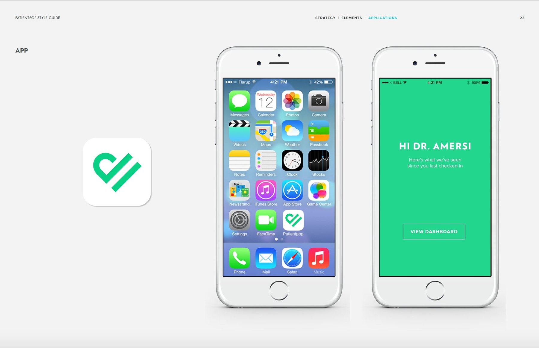 PatientPop iOS app icon paired with iPhone home screen and personalized 'Hi Dr. Amersi' welcome screen.