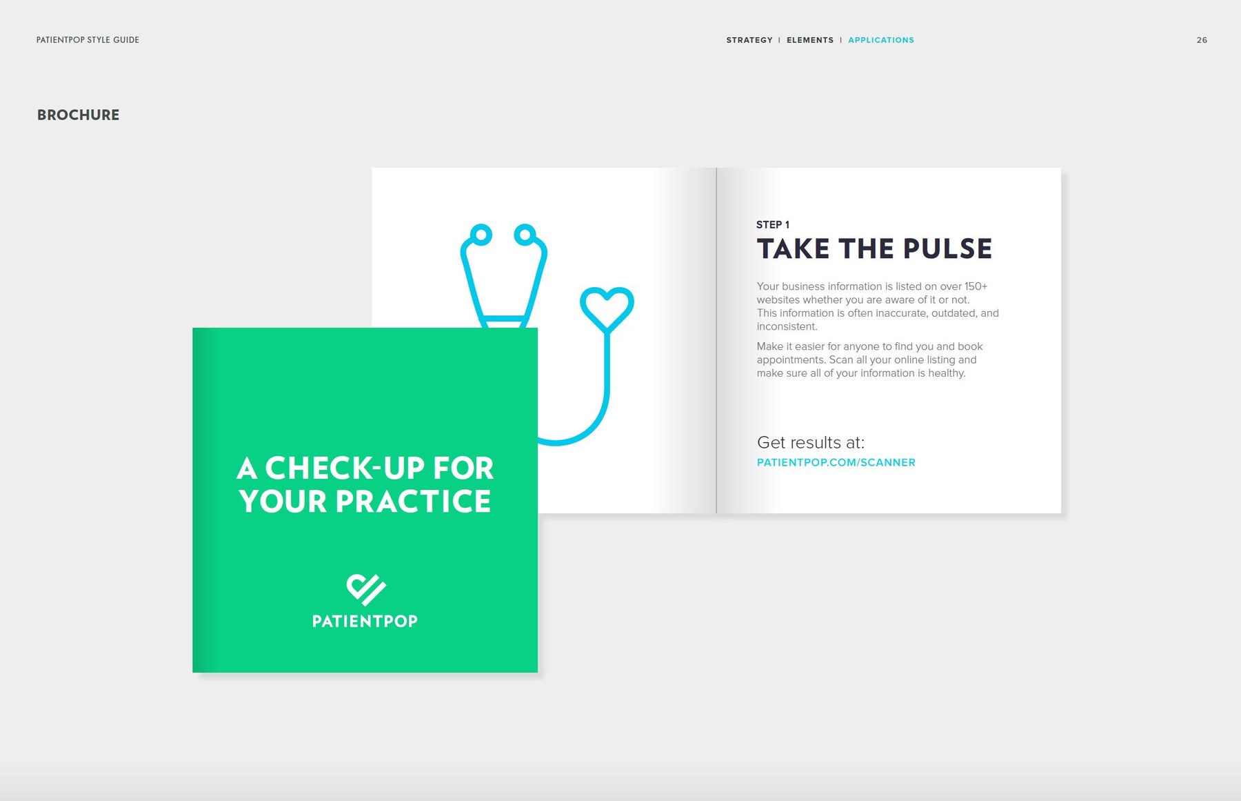 PatientPop brochure spread: bright green cover 'A Check-Up for Your Practice' next to an interior page titled 'Step 1: Take the Pulse' with a stethoscope illustration.