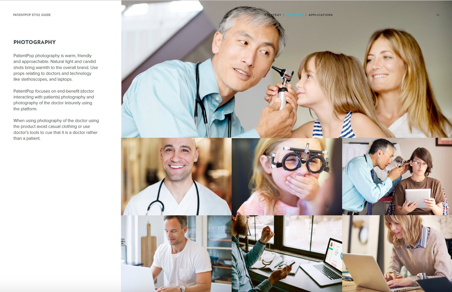 PatientPop photography principles spread: warm, candid imagery of doctors interacting with patients and using the platform.