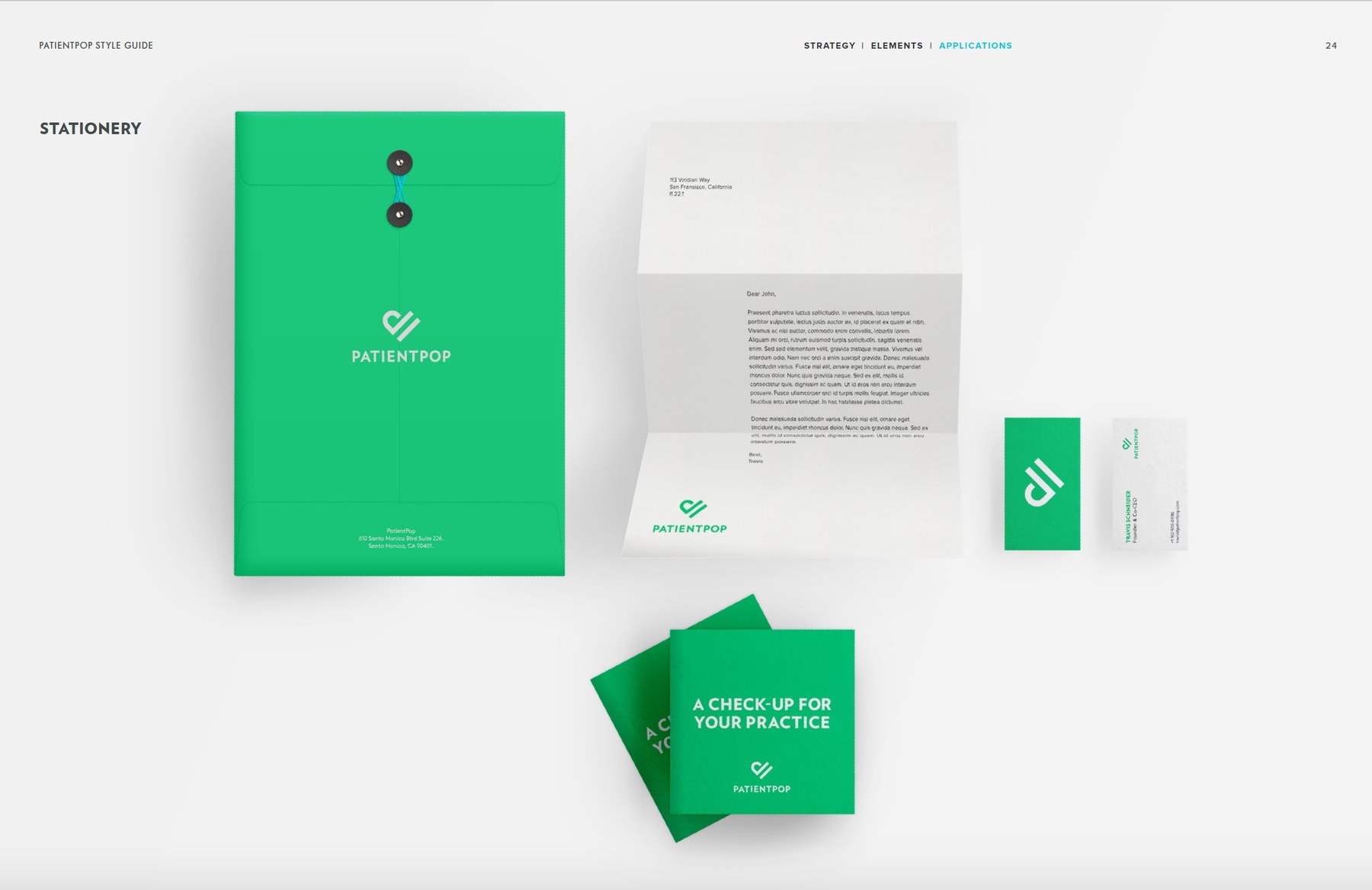 PatientPop stationery system: green button envelope, folded letterhead, business cards, and 'A Check-Up for Your Practice' booklet.