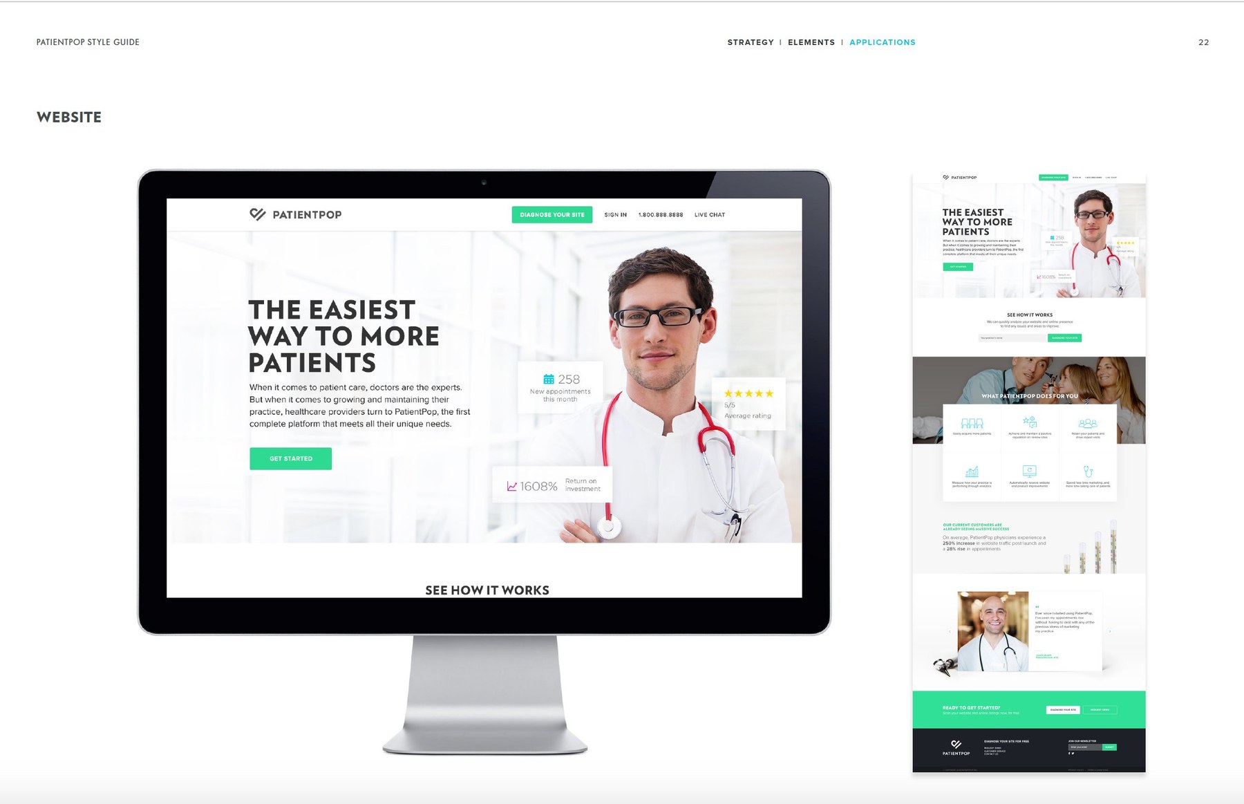 PatientPop website hero design featuring large headline 'The easiest way to more patients' alongside a smiling doctor and full long-scroll page layout.