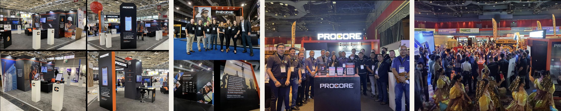 Four photographs of Procore trade-show stands and activations at BIM World Paris, CMiC Mexico City and CCA Philippines.