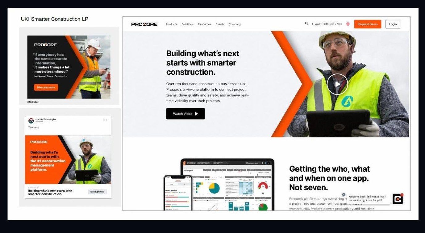 UK/Ireland Procore landing page with hero 'Building what's next starts with smarter construction', accompanied by display banner ads.