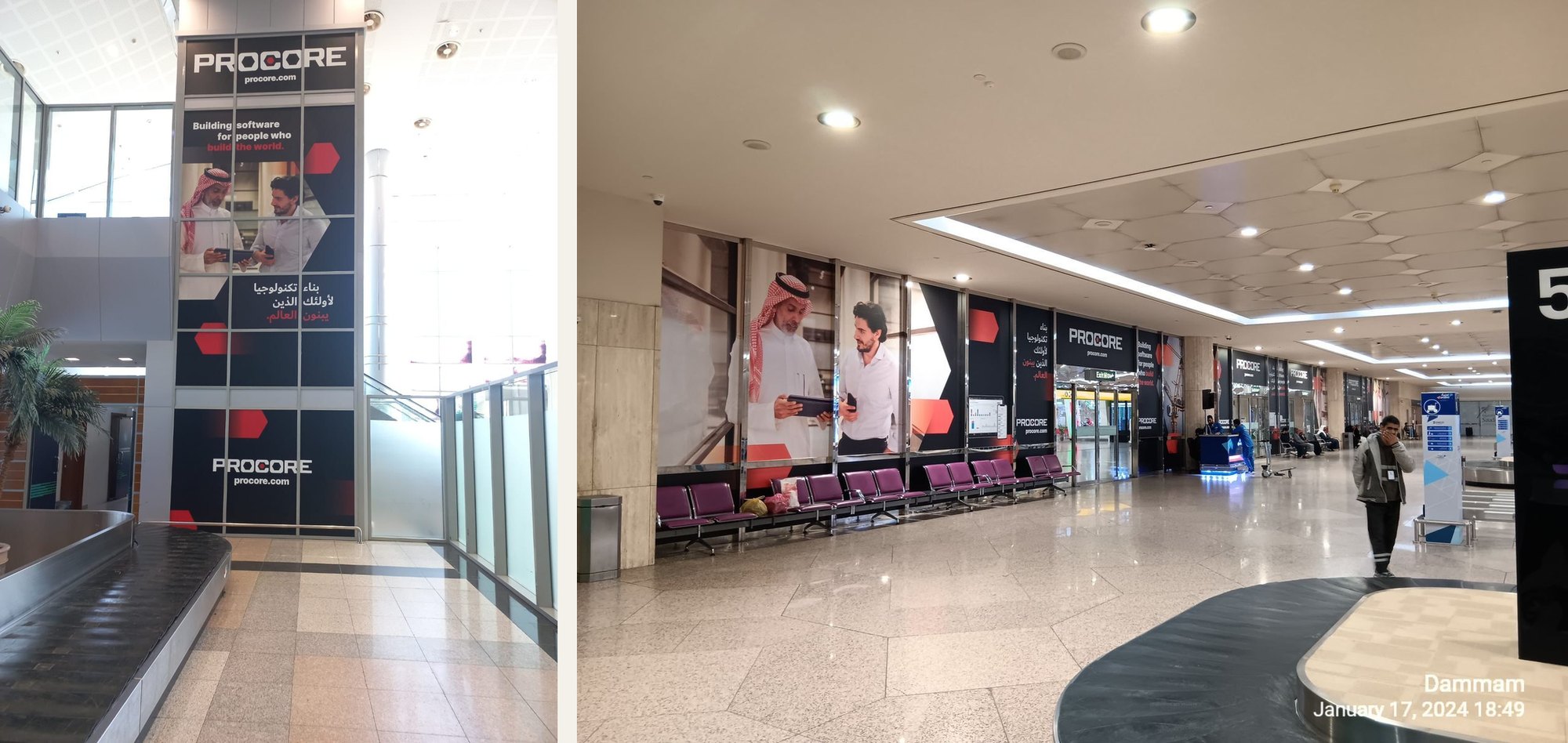 Procore airport campaign in Saudi Arabia: a full-height column wrap in Arabic and English reading 'Building software for people who build the world', and a wide view of the same campaign running along the arrivals hall at Dammam.