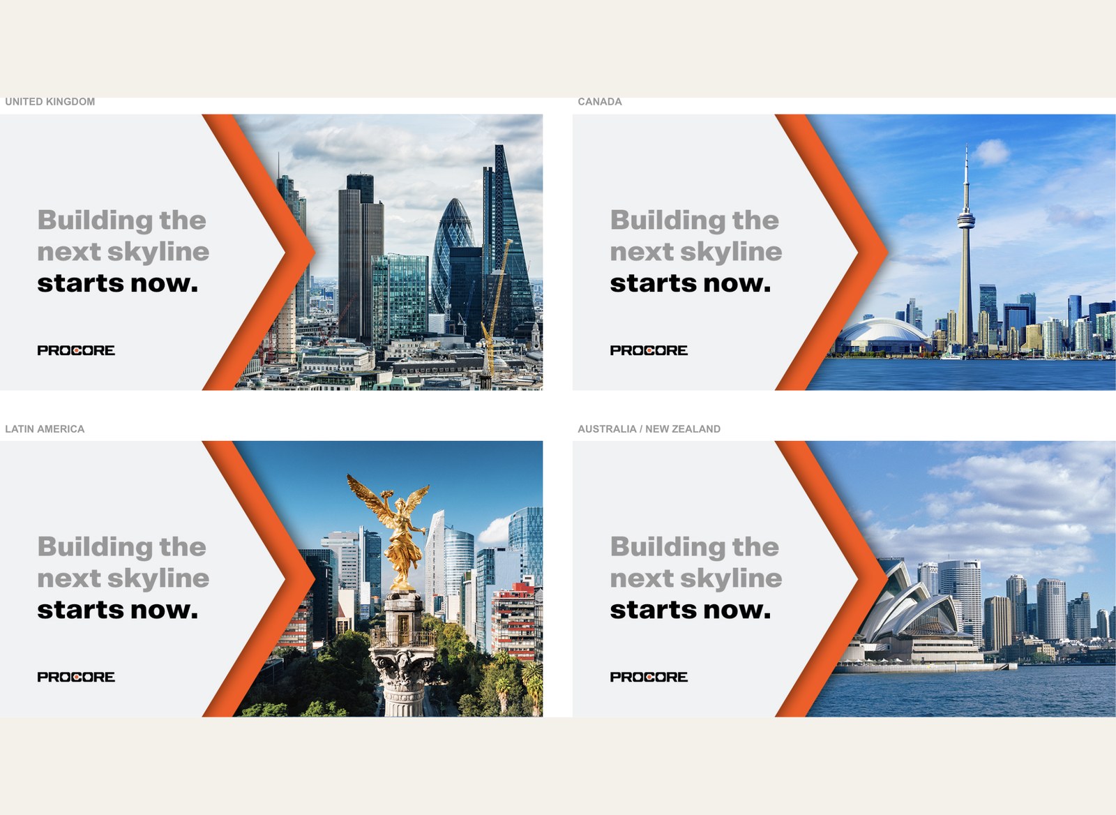 Four regional campaign adaptations — United Kingdom, Canada, Latin America and Australia/New Zealand — each pairing 'Building the next skyline starts now' with that market's own skyline.