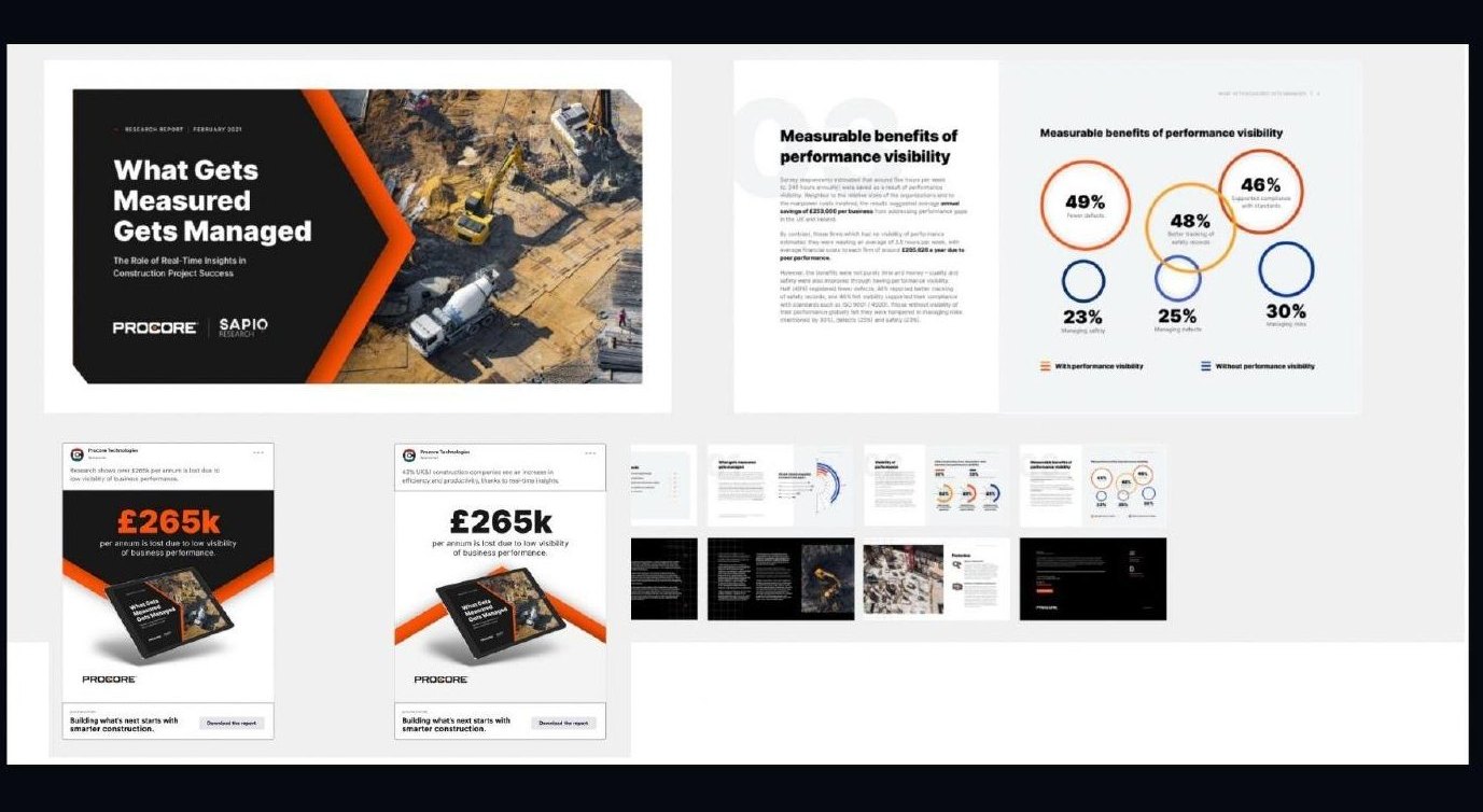 'What Gets Measured Gets Managed' research report cover with construction site imagery, alongside an interior spread showing 'Measurable benefits of performance visibility' data visualization.