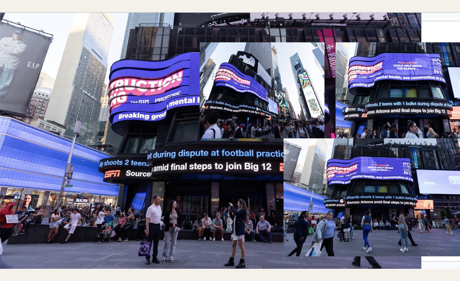 Procore campaign creative running on a curved digital billboard in Times Square, shown across four frames of the takeover with crowds below.
